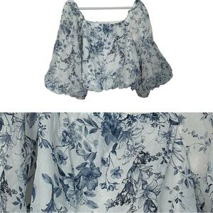 Calyspo Floral Blouse Top Blue Bubble Blue & White Balloon Sleeve Cropped Sz L